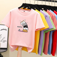 星盛榮純棉短袖t恤女2023年夏裝新款韓版寬松粉色上衣半袖印花打底體恤 粉色*疊疊貓 S【建議80-100斤左右】