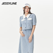 Jessy line夏季專柜款 杰茜萊時(shí)尚短款牛仔襯衫女 322202311 灰蘭色 L/170