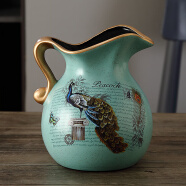 蒂拉欧式复古陶瓷花瓶摆件 奶壶花盆家居样板房客厅玄关装饰摆设 1208蓝底孔雀款