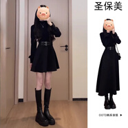 圣保美黑色連衣裙秋冬季女裝2025新款小個(gè)子氣質(zhì)內(nèi)搭顯瘦a字裙子女春秋 半高領(lǐng)黑色短裙 S 碼