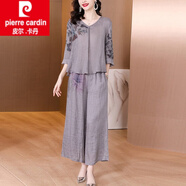 皮爾卡丹（pierre cardin）棉麻休閑褲套裝女時(shí)尚洋氣時(shí)髦民族風(fēng)夏裝苧麻上衣亞麻闊腿褲 灰色套裝 3XL
