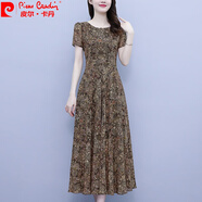 皮爾卡丹（pierre cardin）碎花連衣裙女2025夏季新款中青年MM洋氣時(shí)髦減齡加碼中長(zhǎng)裙子針 咖色 M