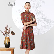 木真了中國風(fēng)改良旗袍裙新品復(fù)古花卉印花A擺連衣裙916 04色 XL