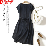 皮爾卡丹（pierre cardin）日系出口尾貨純色休閑棉麻連衣裙女夏收腰綁繩亞麻字中長裙針 黑色 XL【130-145斤】