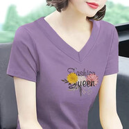 美莎尼純棉短袖T恤女V領(lǐng)上衣2023年新款百搭印花女裝雞心領(lǐng)夏裝體恤 紫色-雞心三朵菊花 XL 建議115-125斤