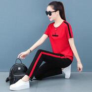 蔚曼（Veevmand）【上衣+褲子】短袖T恤女夏2024夏季女裝棉休閑運(yùn)動服媽媽裝兩件套 紅色長褲 XXL(建議126至140斤)
