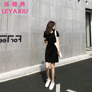 樂雅秀修身款收腰顯瘦褶皺設(shè)計(jì)感長款連衣裙女過膝短袖圓領(lǐng)韓版休閑長裙 黑色短款 S 建議80-90斤內(nèi)