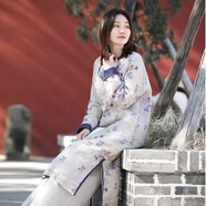 亂在江南文藝復古棉麻印花連衣裙中長(cháng)款冬季新款夾棉加厚保暖改良旗袍裙 圖片色 均碼