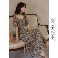 彌古新款方領(lǐng)碎花油畫(huà)連衣裙法式復古泡泡袖赫本風(fēng)中長(cháng)款雪紡女夏 油畫(huà)連衣裙 油畫(huà)連衣裙 S