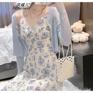 鳳蝶兒雪紡碎花吊帶連衣裙女裝夏季韓版法式小個子溫柔兩件套套裝裙子女 外披單件 S