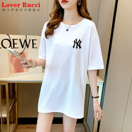 LOVER RUCCI短袖白色中長(zhǎng)款t恤女夏裝2025新款寬松遮屁股純棉歐貨大版上衣潮 236-15B白色 L 適合105-120斤