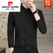 皮爾卡丹（pierre cardin）高級感免燙襯衫男長袖春秋季休閑商務抗皺翻領襯衣豎條紋外套針織 8856黑色 L