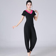 戀流廣場(chǎng)舞服裝莫代爾跳舞服V領(lǐng)燈籠褲表演服中老年舞蹈服瑜伽健身服 短袖【玫紅領(lǐng)+黑褲】 2XL
