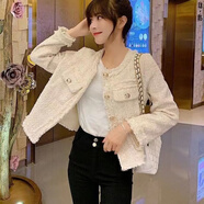 苜戈氣質(zhì)名媛小香風(fēng)粗花呢短款外套2022女秋冬韓版休閑百搭夾克潮 杏色【加棉款】 M 建議95-110斤