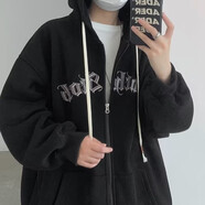 唐號休閑外套男美式開衫衛(wèi)衣男2024新款早秋連帽潮流寬松連帽外套男 黑色 L