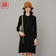 漁漁牌女裝秋裝女2023年新款翻領(lǐng)針織織刺繡花連衣裙子FGFC0306 暗綠 M