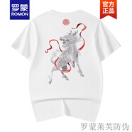 羅蒙（ROMON）國潮麒麟刺繡短袖t恤男夏季復(fù)古潮牌五分袖衣服寬松高街男生體恤 白色 XL