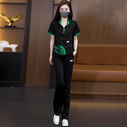歌梵黎（GEFANLI）大碼女裝夏季胖mm新款套裝顯瘦洋氣印花上衣直筒褲運動休閑兩件套 綠色 4XL 【建議175-195斤】