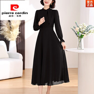 皮爾卡丹（pierre cardin）氣質(zhì)色長袖連衣裙女春季2024新款春裝高腰顯瘦雪紡裙子春秋女裝 黑色 M [96-105斤]