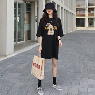 錫曼塵長(cháng)款t恤女遮臀搭配鯊魚(yú)褲短袖夏季長(cháng)t裙子新款女中連衣裙寬松遮屁 黑色(花朵兔) M