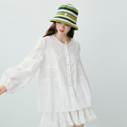 樂(lè )町甜美俏皮繡花拼接A版全棉襯衫夏季新款白色內搭打底上衣 白色(現貨) XS