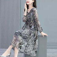 依伊純雪紡連衣裙女2024春夏新款印花時(shí)尚氣質(zhì)高貴長(zhǎng)袖收腰顯瘦遮肚裙子 灰色 L 建議105-115斤