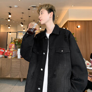 Shelley Jones美式高級感牛仔外套男士春秋季新款痞帥破洞夾克潮牌潮流休閑衣服 黑灰色 3XL [建議155-175斤]