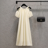 家隆名秀夏裝韓版寬松露肩法式氣質(zhì)大碼女裝甜美連衣裙200斤 杏色 2XL 140-160斤