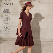AMII法式復(fù)古a字連衣裙女夏季新款赫本風顯瘦V領(lǐng)修身裙子 波爾多紅 XS 150/76A