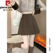 皮爾卡丹（pierre cardin）咖色加厚毛呢百褶半身裙女秋冬2025新款a字半裙小個子高腰短裙子 咖啡色 S