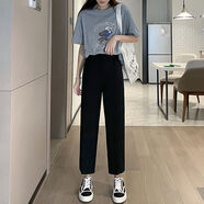 名格雅頓黑色闊腿褲女學(xué)生春秋新款高腰垂墜感寬松九分直筒褲子女 九分褲【有口袋】 2XL 建議135-150斤