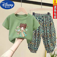 迪士尼（Disney）女童套裝2023夏裝新款兒童衣服純棉T恤半袖女寶寶短袖長(zhǎng)褲兩件套 古風(fēng)女孩 淺綠t+民風(fēng)褲 110 【身高100-110CM】
