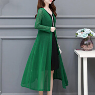 夏天雷絲外搭開(kāi)衫女旗袍蕾絲披肩開(kāi)衫防嗮衣冰絲彈力網(wǎng)紗網(wǎng)沙長(cháng)款批肩外搭配子穿的罩衫外套薄長(cháng)衫 綠色 XL