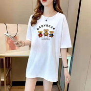 吉莞美t恤女夏季新款韓版百搭印花洋氣落肩中長款白色T恤五分袖純棉上衣 中長款白t恤*三個(gè)小熊 均碼【建議80-160斤左右】
