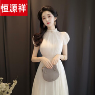 恒源祥真絲法式小香風(fēng)氣質(zhì)名媛高端長(cháng)裙高冷御姐風(fēng)高級感白色短袖連衣裙 連衣裙 M