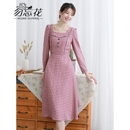 勿忘花方領(lǐng)格子連衣裙女秋秋新款棉布中淑女長(cháng)袖減齡裙子 粉紫色 S