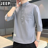 JEEP SPIRIT/吉普夏季男士七分袖棉T恤潮流韓版立領(lǐng)套頭男裝袖亞麻T恤上 DC605灰色 XL