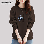 WABAOLI高端品牌 純棉圓領印花套頭長袖衛(wèi)衣女秋冬季款大碼韓版寬松顯瘦 咖色春秋款 3XL 建議體重145-160斤