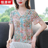 恒源祥碎花雪紡襯衫女短袖雙層娃娃領(lǐng)時(shí)尚洋氣小衫夏季上衣潮 藍色  L 105-115斤