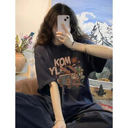 薩姆依 美式復(fù)古酒紅色短袖t恤女夏季2023新款oversize中長款遮屁股上衣 藏青色【高品質(zhì)純棉】 2XL