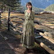 森女部落原創(chuàng  )蕾絲復古森系田園度假波西米亞風(fēng)半身裙初秋新款女裝 綠色上衣（單件） S