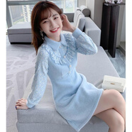 蒂洛緹娜加絨加厚秋冬新款女修身娃娃領(lǐng)針織毛呢連衣裙小個(gè)子打底短裙 藍(lán)色 S 160