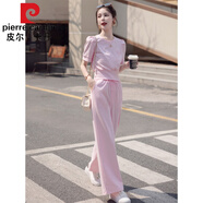 皮爾卡丹（pierre cardin）輕熟風(fēng)時尚圓領(lǐng)套裝女新款2025夏季休閑運動跑步闊腿褲兩件套套裝 粉色 M