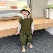 水花童男童套裝春秋2024新款兒童衣服帥氣洋氣潮童裝寶寶秋裝時(shí)髦倆件套 毛線背心三件套裝 90碼