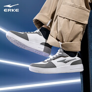 鴻星爾克（ERKE）板鞋男鞋革面軟底耐磨小白鞋高幫防滑運(yùn)動(dòng)休閑鞋輕便男士潮男鞋子 正白/中灰 43 碼（265mm）