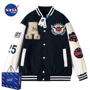 NASADKGM夾克外套男秋冬季新款美式棒球服外套男潮流寬松情侶繡花上衣夾克 深藍(lán)色（春秋款） XL （建議130-150斤）