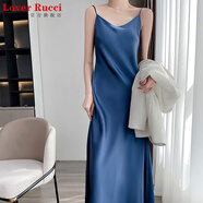 LOVER RUCCI重磅醋酸桑蠶絲吊帶連衣裙女法式氣質(zhì)高級感打底緞面料長(cháng)裙 藍色 M