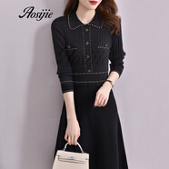 奧絲婕（Aosijie）羊毛針織連衣裙女秋冬新款時(shí)尚高端翻領(lǐng)長(cháng)袖羊毛打底裙長(cháng)袖A字裙 優(yōu)雅黑 M