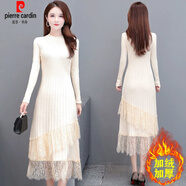 皮爾卡丹（pierre cardin）針織毛衣連衣裙女2025秋冬新款蕾絲洋氣百搭長款加絨加厚打底裙子 杏色加絨 4XL 建議150-160斤