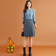 冬天時(shí)尚矮小個(gè)子加絨保暖女士連衣裙秋冬款加絨中長(zhǎng)款毛衣裙女秋冬裝2022年新款小個(gè)子打底配 藍(lán)色【全身加絨加厚】 S_建議80-95斤